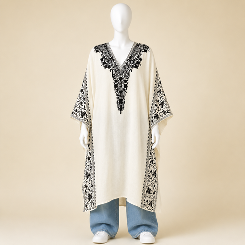 Ivory White Kashmiri Aari Long Kaftan for Women | Machine Embroidered Crushed Cotton Kaftan | Kashmiri Floral Ethnic Wear