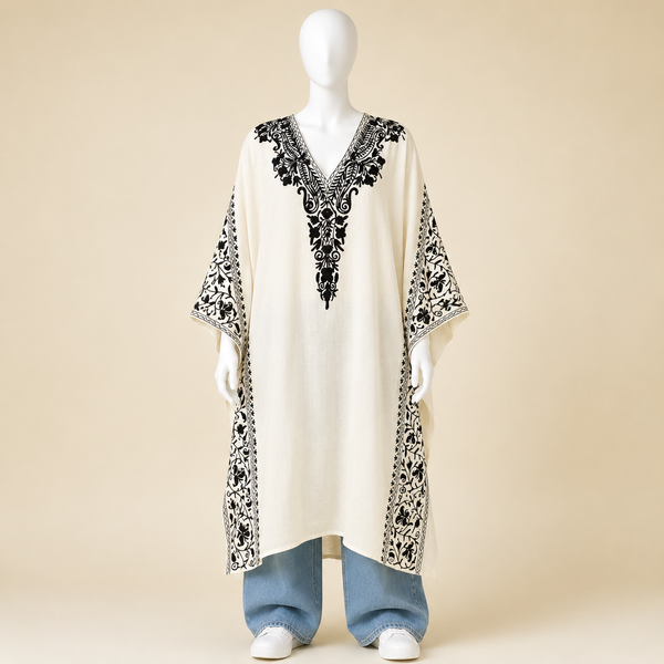 Ivory White Kashmiri Aari Long Kaftan for Women | Machine Embroidered Crushed Cotton Kaftan | Kashmiri Floral Ethnic Wear