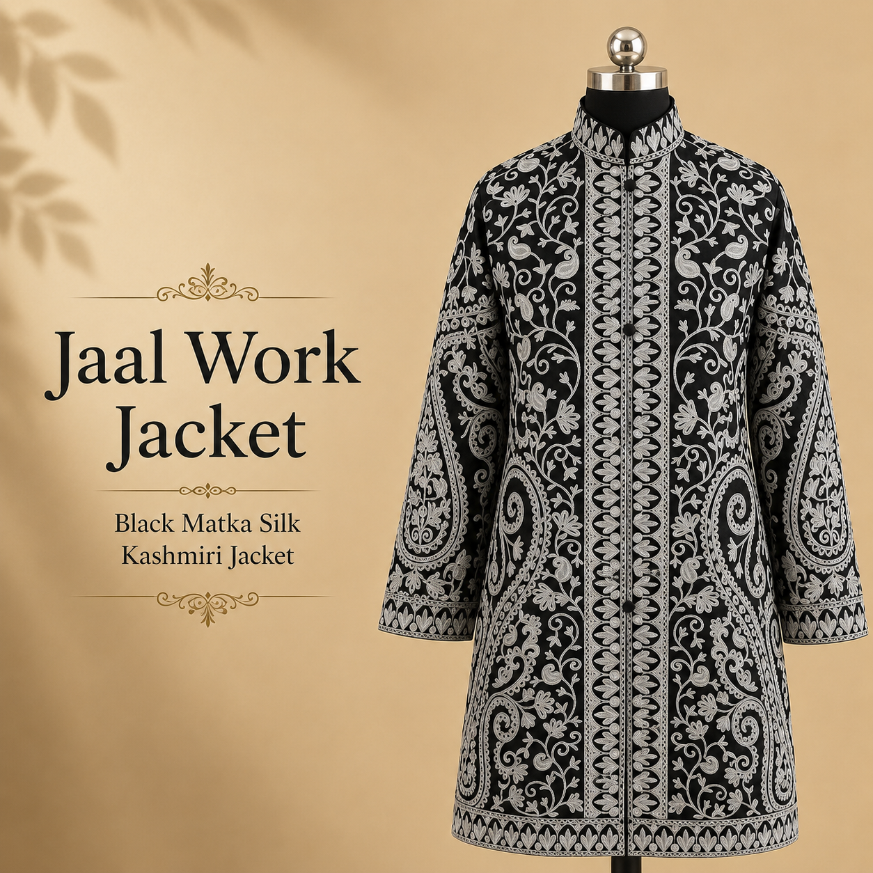 Black Matka Silk Kashmiri jacket with intricate Jaal work embroidery