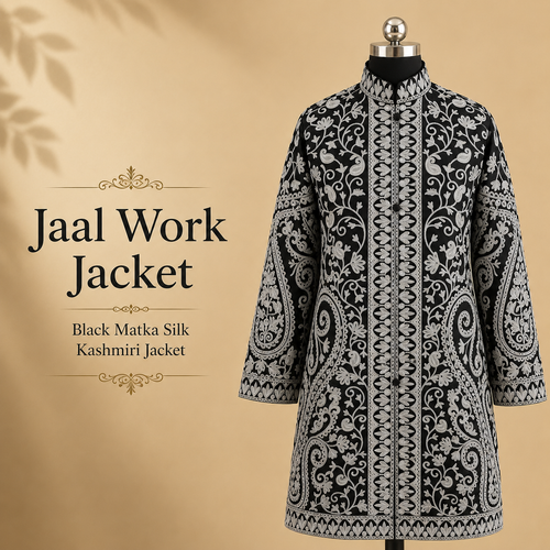 Jaal Work Jacket — Black Matka Silk Kashmiri Jacket