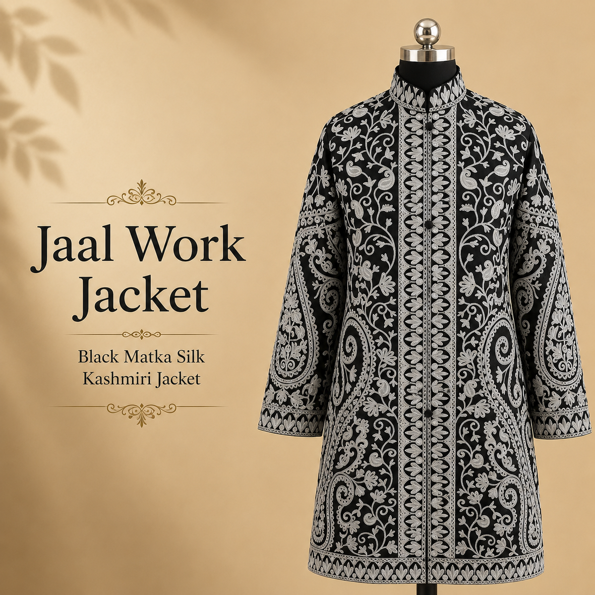 Black Matka Silk Kashmiri jacket with intricate Jaal work embroidery