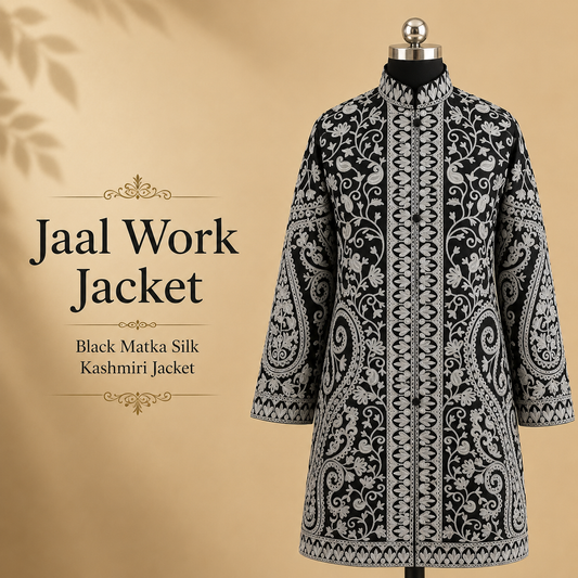 Black Matka Silk Kashmiri jacket with intricate Jaal work embroidery
