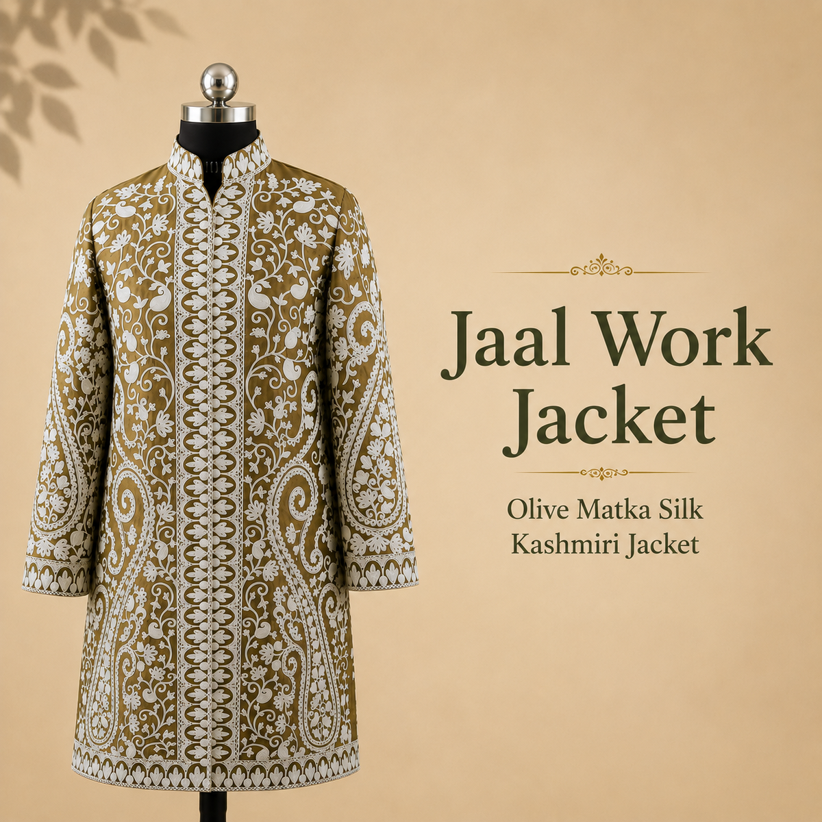 Olive Matka Silk Kashmiri jacket with intricate Jaal work embroidery