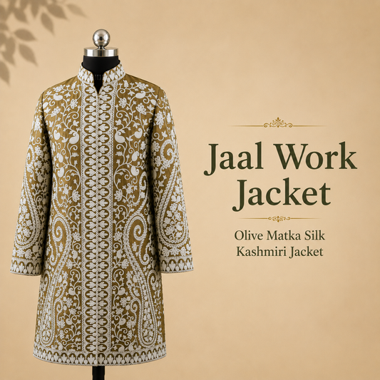 Olive Matka Silk Kashmiri jacket with intricate Jaal work embroidery