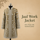 Olive Matka Silk Kashmiri jacket with intricate Jaal work embroidery