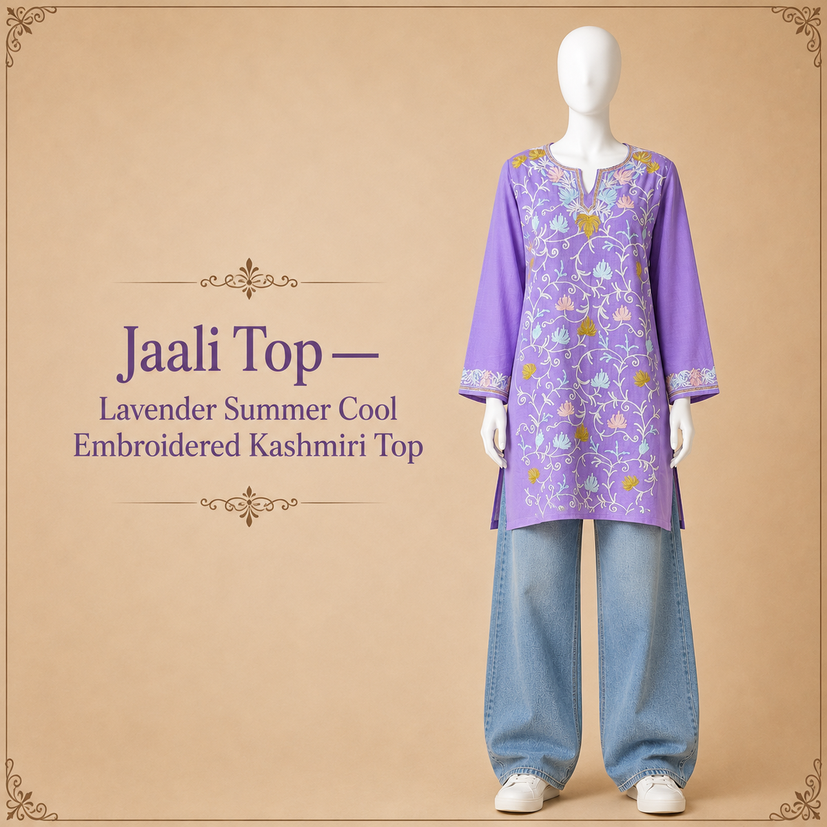 Lavender Jaali Top with elegant Kashmiri embroidery for women
