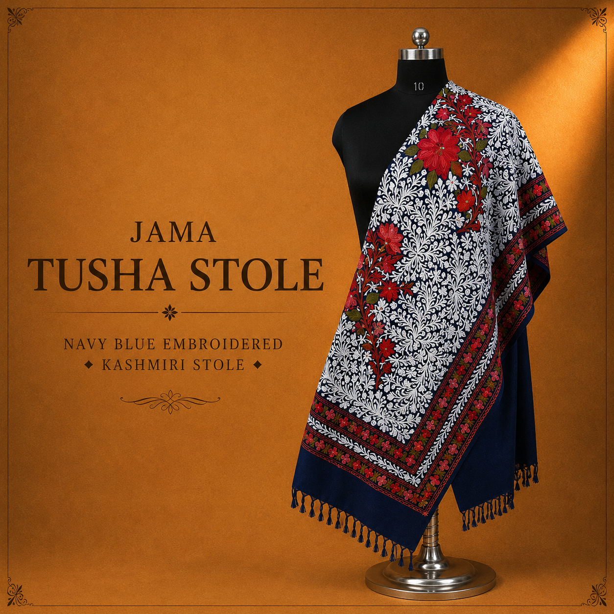 Navy Blue Jama Tusha Stole with elegant embroidered Kashmiri detailing