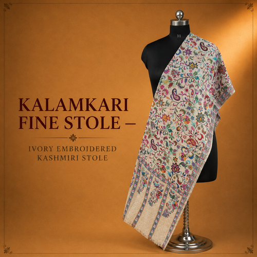 Kalamkari Fine Stole — Ivory Embroidered Kashmiri Stole