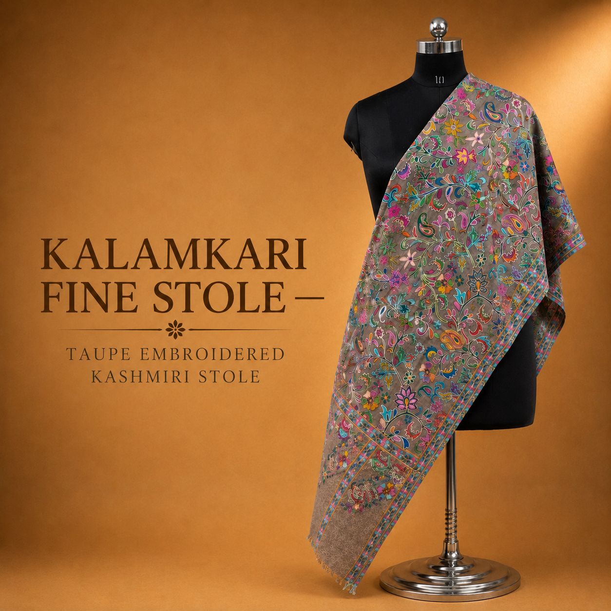 Taupe Kalamkari Fine Stole with elegant embroidered Kashmiri detailing