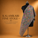 Taupe Kalamkari Fine Stole with elegant embroidered Kashmiri detailing