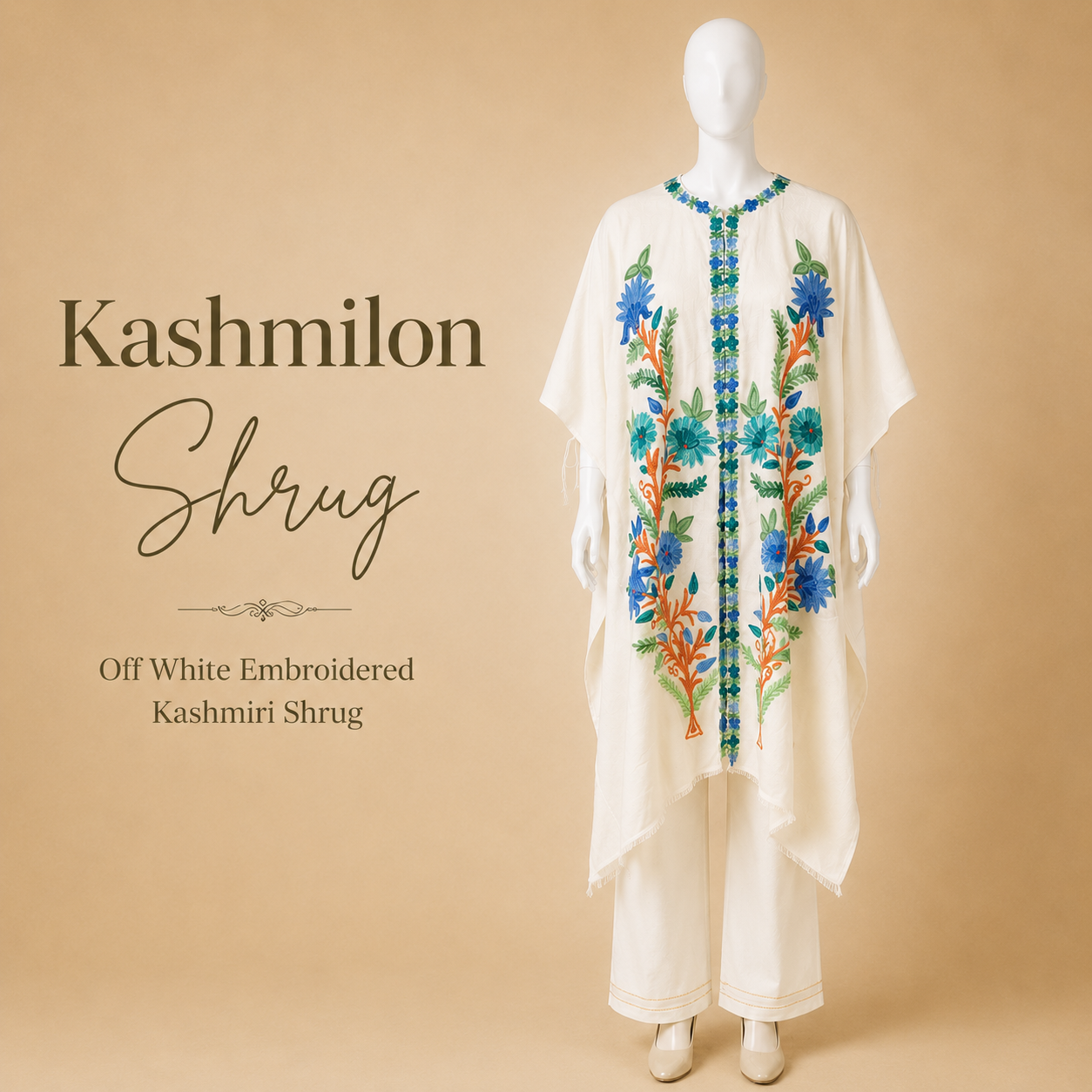Off White embroidered Kashmiri shrug for women with elegant traditional detailing