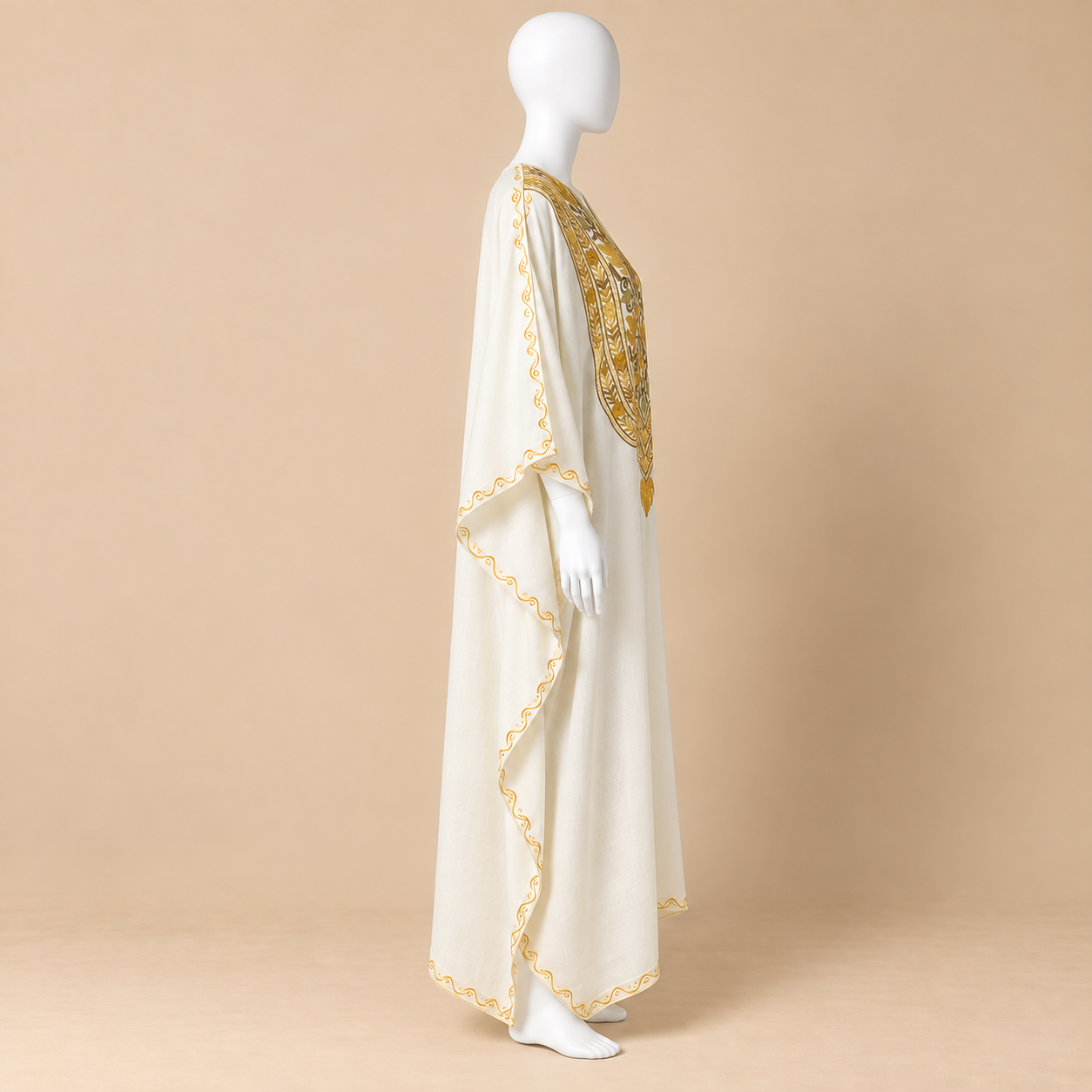 Kashmiri Ivory Gold Long Kaftan with Aari Embroidery