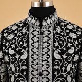 Premium Kashmiri Jaal work jacket in classic Black Matka Silk