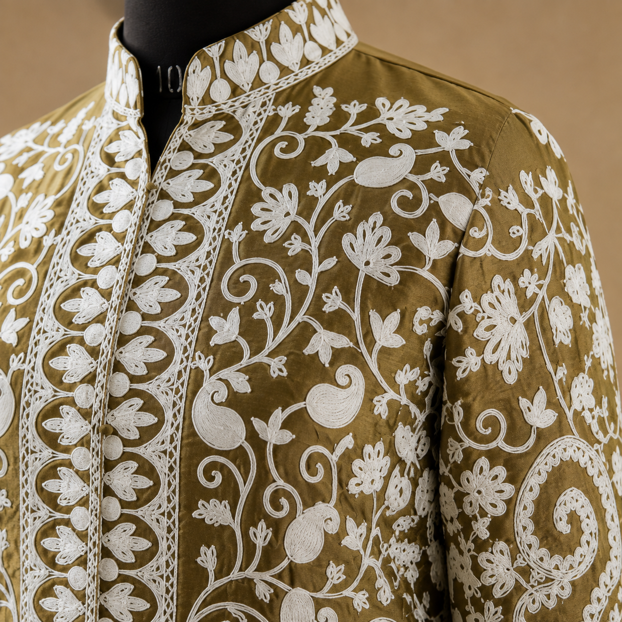 Premium Kashmiri Jaal work jacket in rich Olive Matka Silk