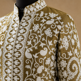 Premium Kashmiri Jaal work jacket in rich Olive Matka Silk