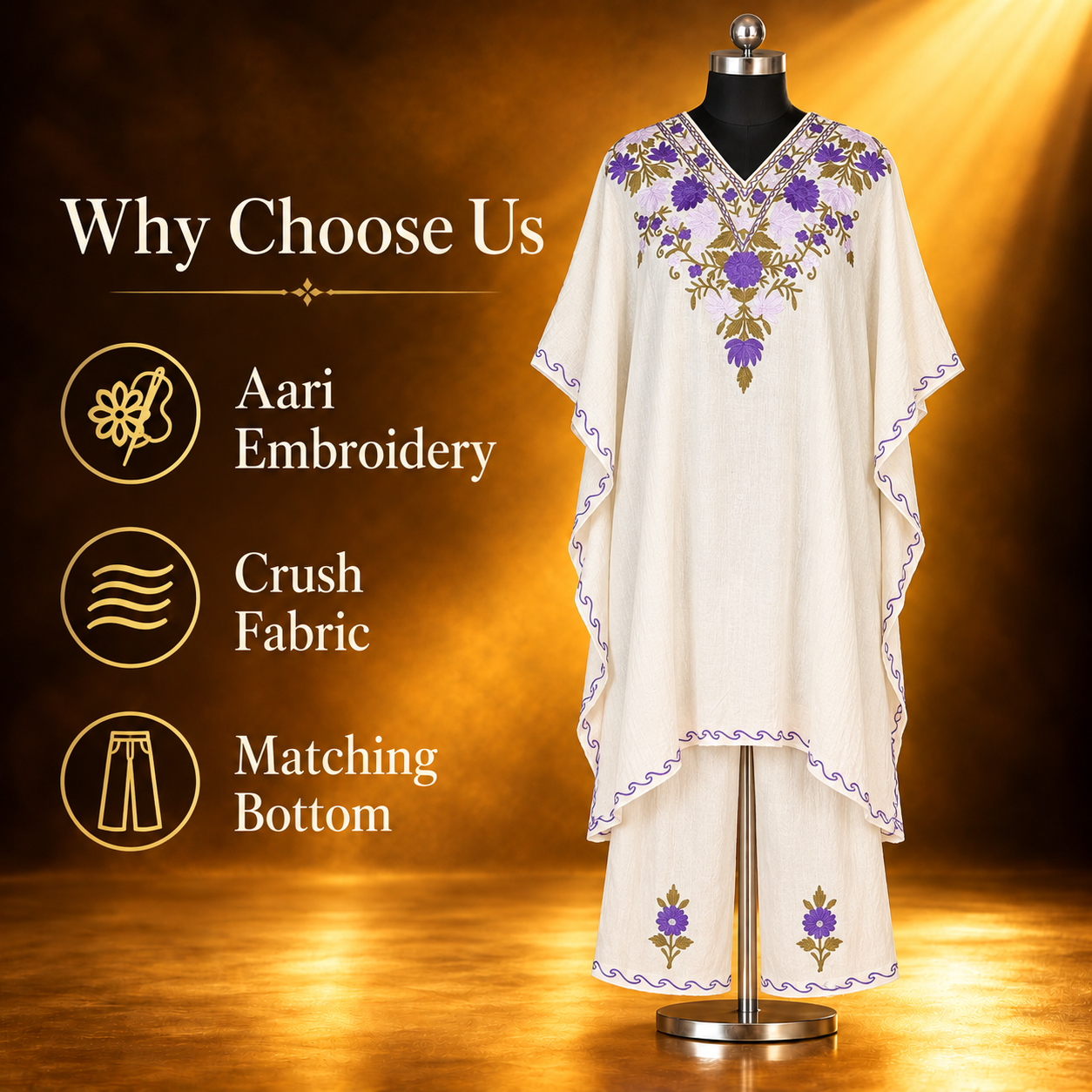 Off-White Purple Kashmiri Long Kaftan and Trouser Set