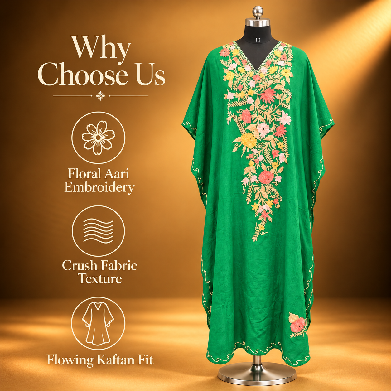 Parrot Green Long Kaftan with Kashmiri Aari Work