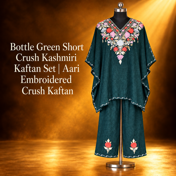 Bottle Green Short Crush Kashmiri Kaftan Set | Aari Embroidered Crush Kaftan
