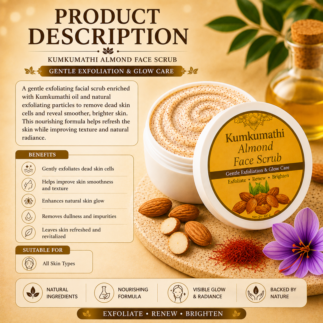 Almond glow face scrub with Kumkumadi extract