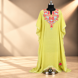 Lemon Lime Aari Embroidered Kashmiri Chiffon Long Kaftan