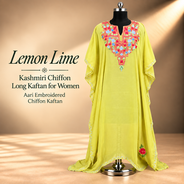Lemon Lime Kashmiri Chiffon Long Kaftan for Women | Aari Embroidered Chiffon Kaftan | Kashmiri Ethnic Wear