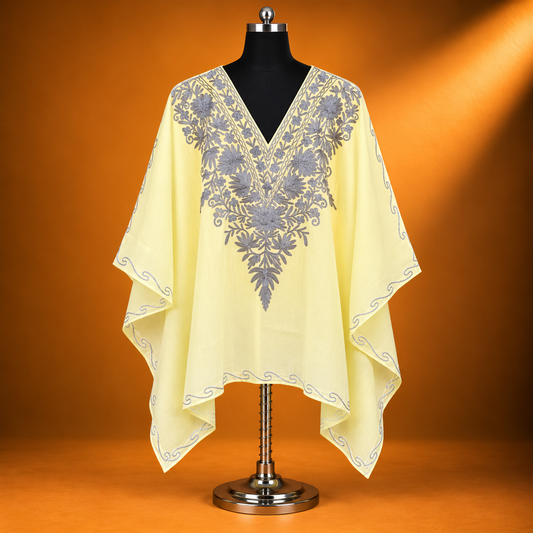 Lemon Yellow Grey Kashmiri Short Kaftan for Women