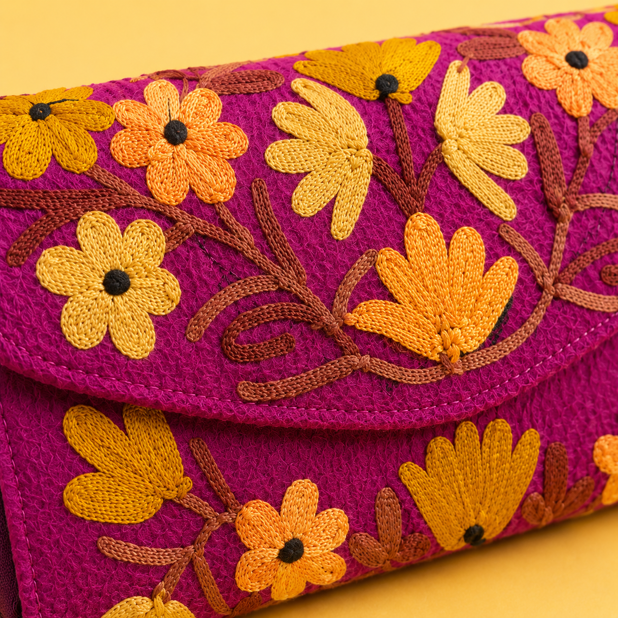 Elegant Magenta clutch with detailed Kashmiri Aari embroidery