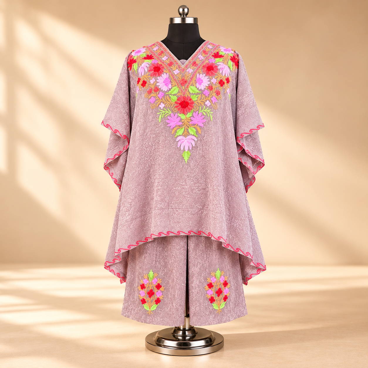 Mauve Crush Aari Embroidered Kashmiri Kaftan Set