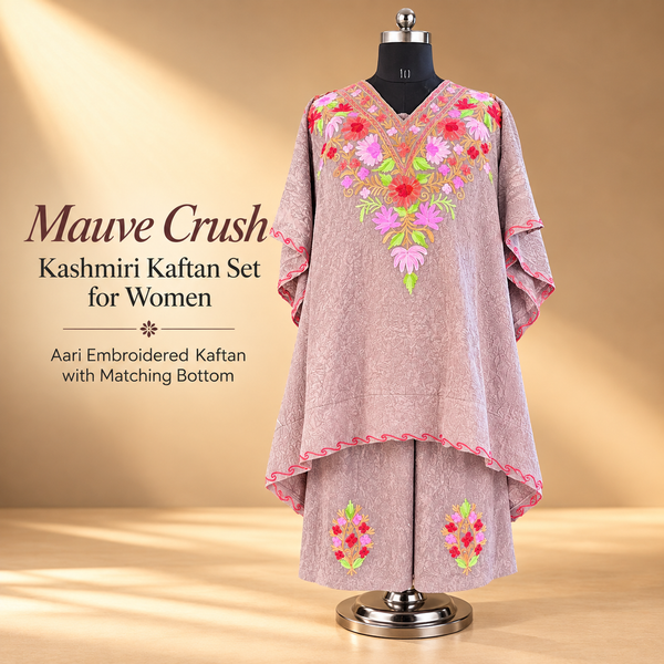 Mauve Crush Kashmiri Kaftan Set for Women | Aari Embroidered Kaftan with Matching Bottom | Kashmiri Ethnic Wear