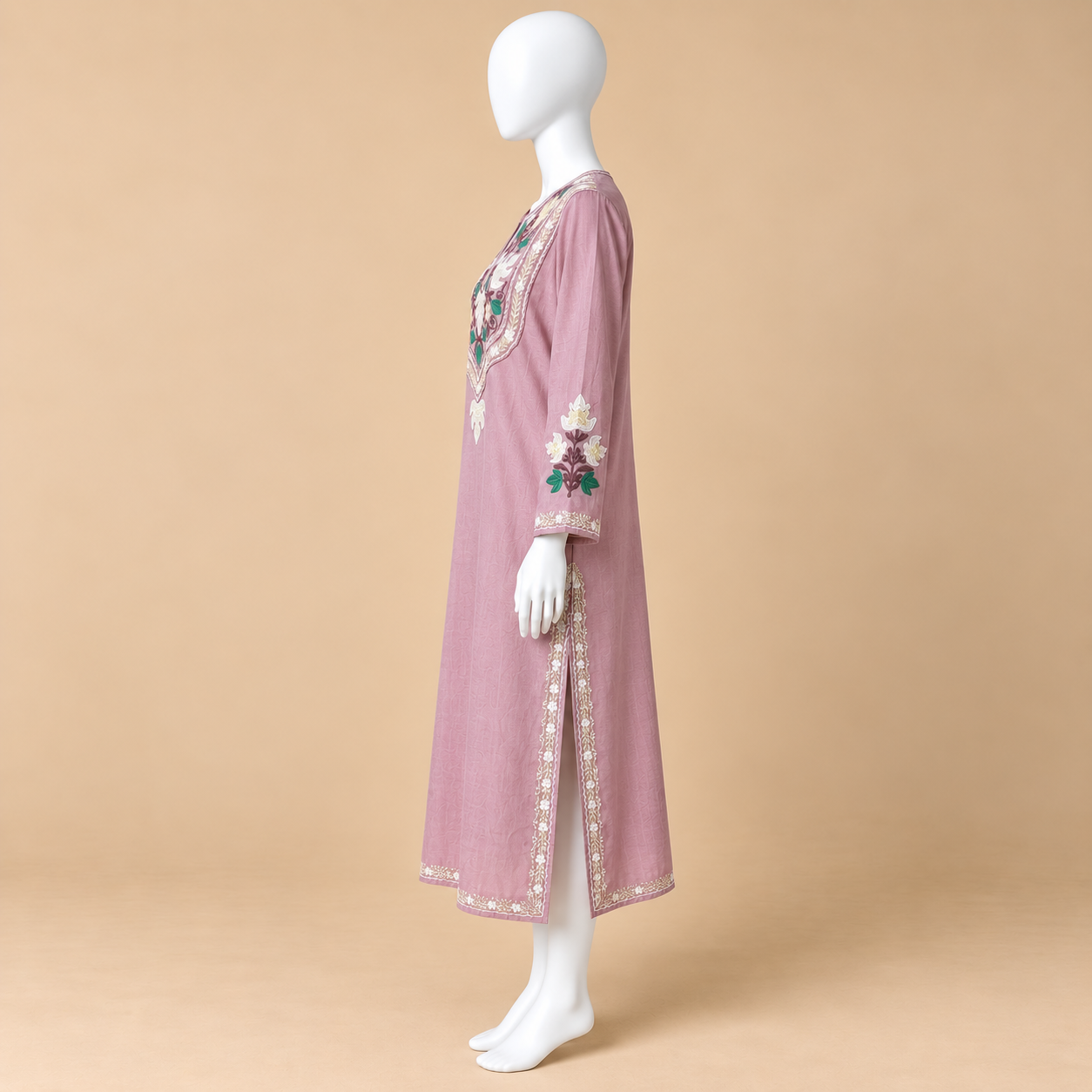 Floral Aari Embroidery on Mauve Kashmiri Long Kurti