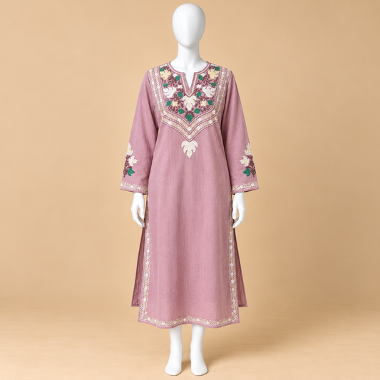 Mauve Floral Aari Embroidered Kashmiri Long Kurti