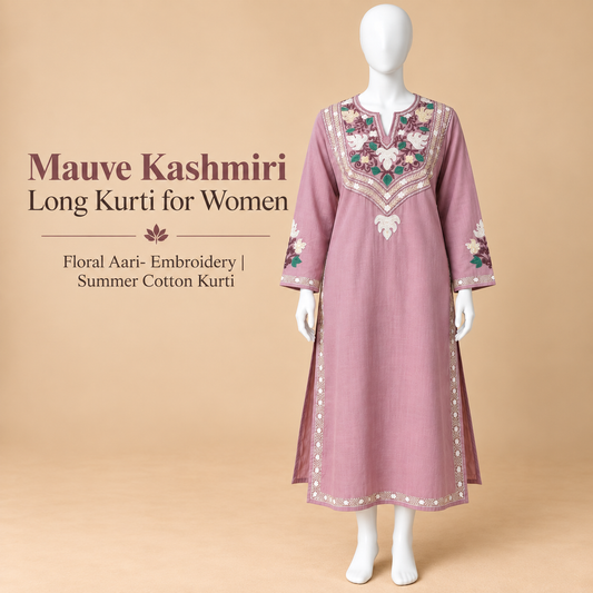 Mauve Kashmiri Long Kurti for Women with Floral Aari Embroidery