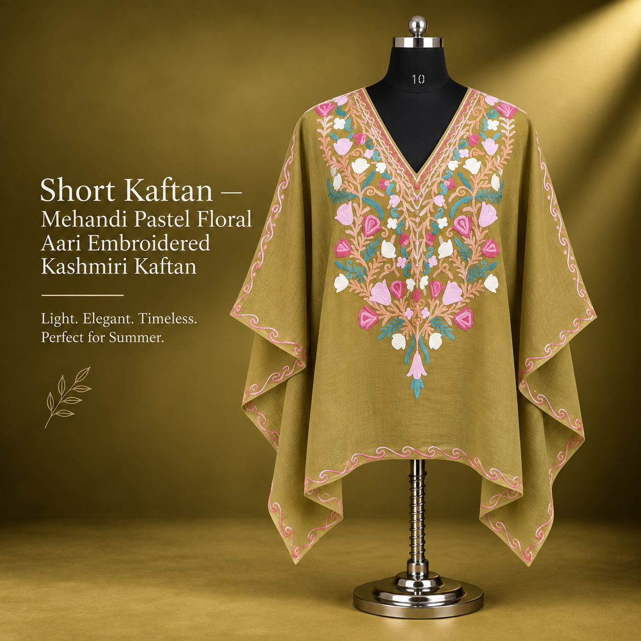 Mehandi Pastel Floral Aari Embroidered Kashmiri Short Kaftan