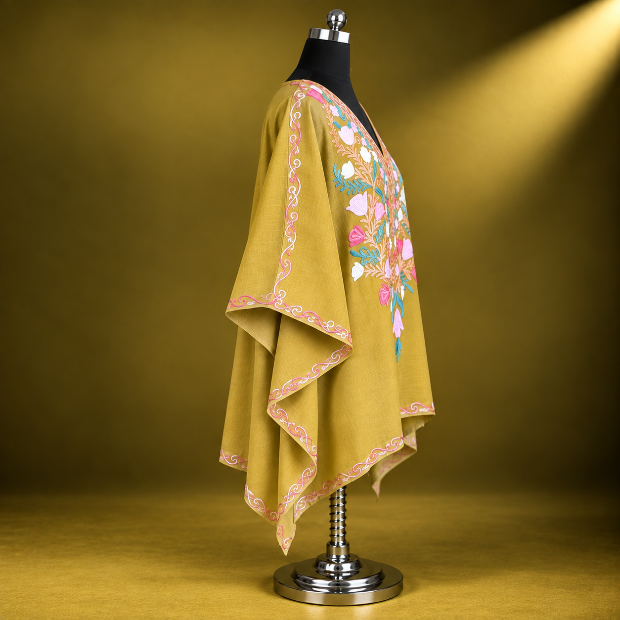 Floral Aari Embroidered Mehandi Pastel Kashmiri Kaftan