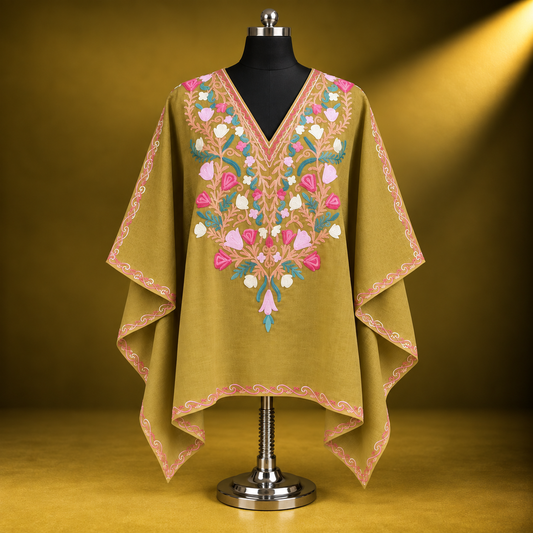 Mehandi Pastel Floral Kashmiri Short Kaftan with Aari Embroidery
