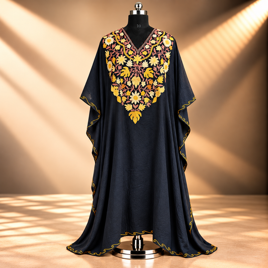 Midnight Black Aari Embroidered Kashmiri Crush Long Kaftan