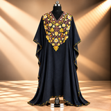 Midnight Black Aari Embroidered Kashmiri Crush Long Kaftan