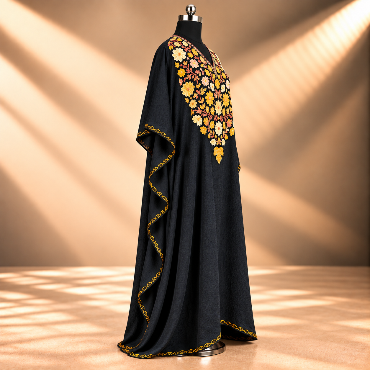 Midnight Black Kashmiri Long Kaftan with Aari Work