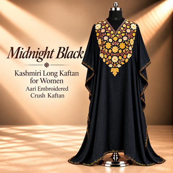Midnight Black Kashmiri Long Kaftan for Women | Aari Embroidered Crush Kaftan | Kashmiri Ethnic Wear