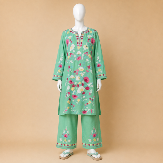 Jaali Cord Set in Mint Green for Women