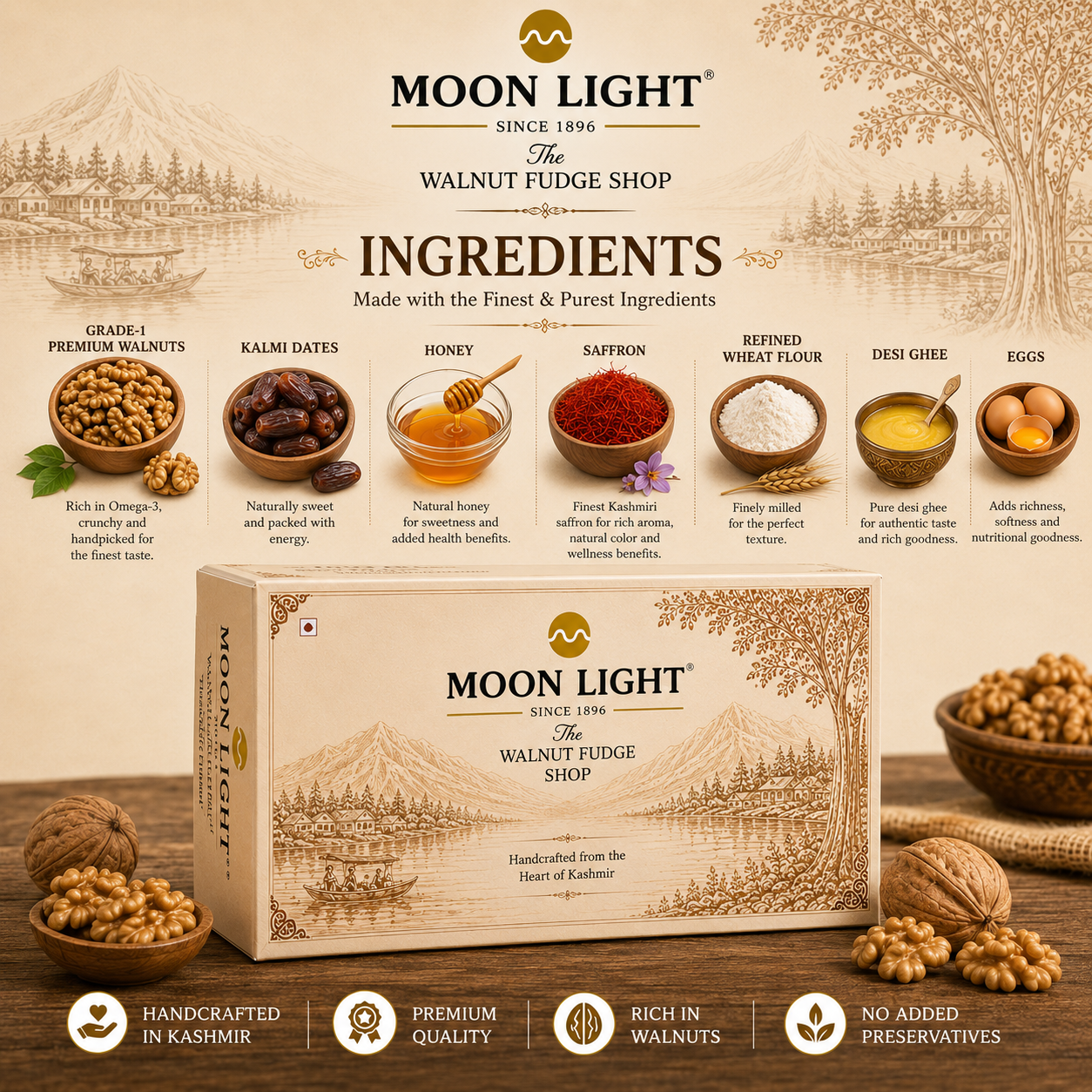 Moonlight Walnut Fudge in premium packaging with authentic walnut flavor