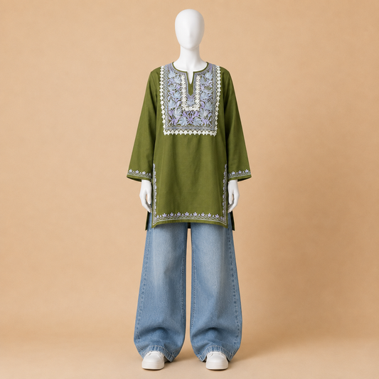 Moss Green Aari Embroidered Designer Kashmiri Kurti
