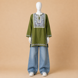 Moss Green Aari Embroidered Designer Kashmiri Kurti