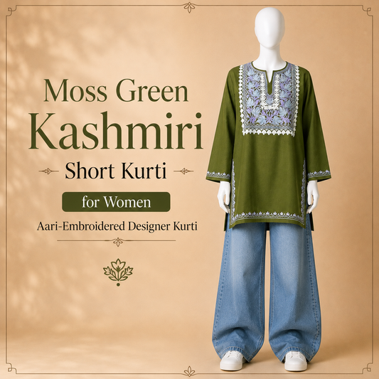 Moss Green Kashmiri Short Kurti for Women with Aari Embroidery