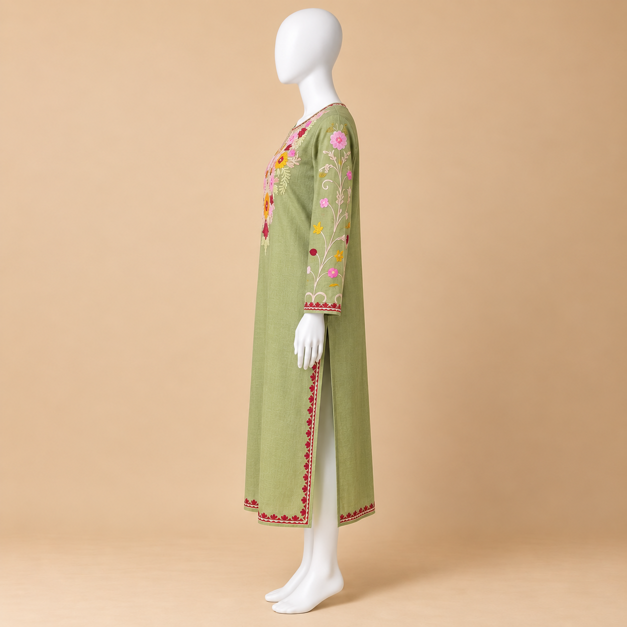 Multicolor Floral Aari-Style Embroidered Olive Green Kashmiri Kurti