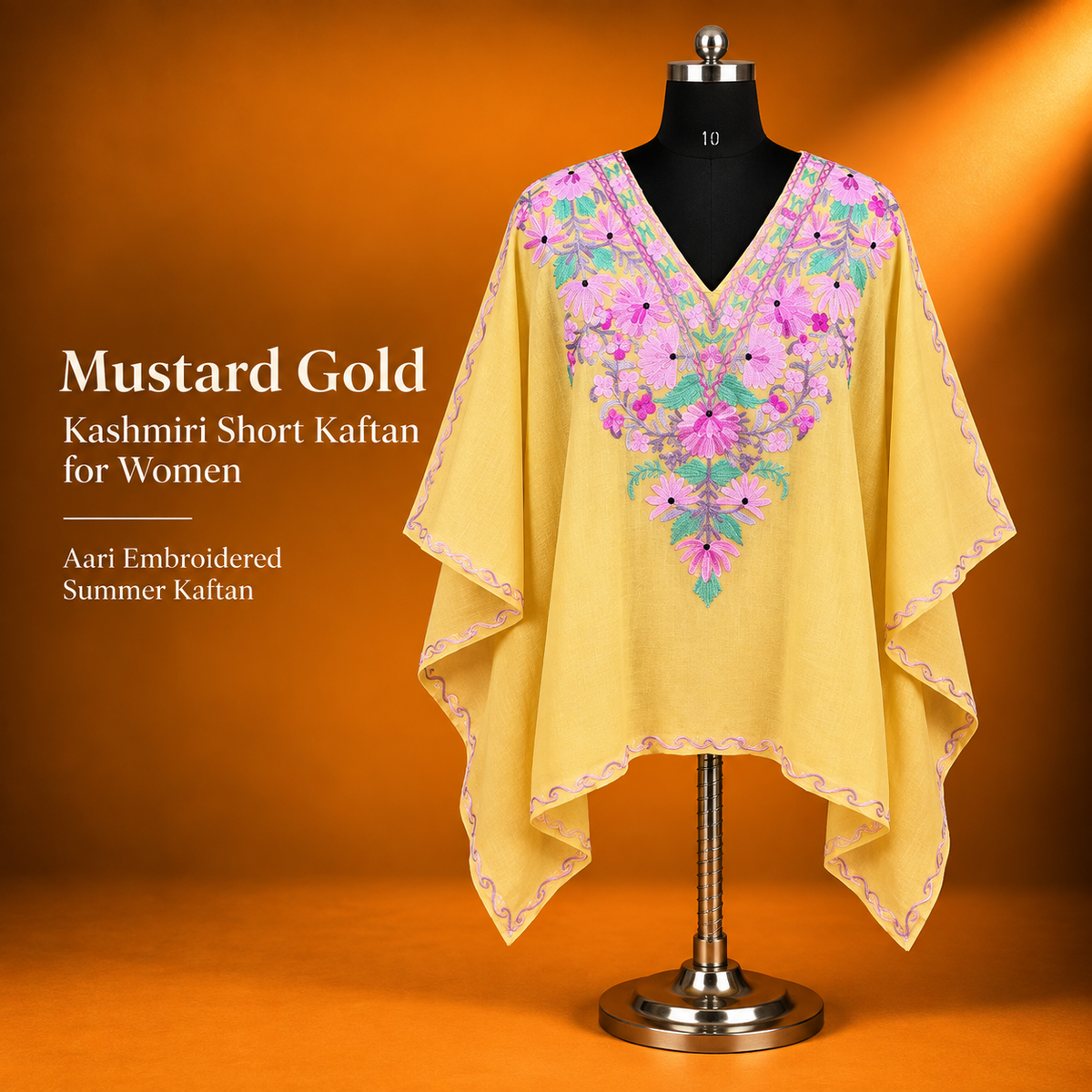 Mustard Gold Aari Embroidered Kashmiri Short Kaftan for Women
