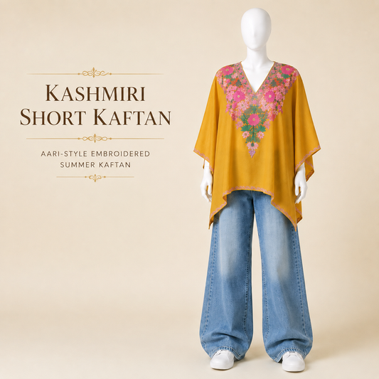 Mustard Gold Kashmiri short kaftan for women with Aari-style machine embroidery