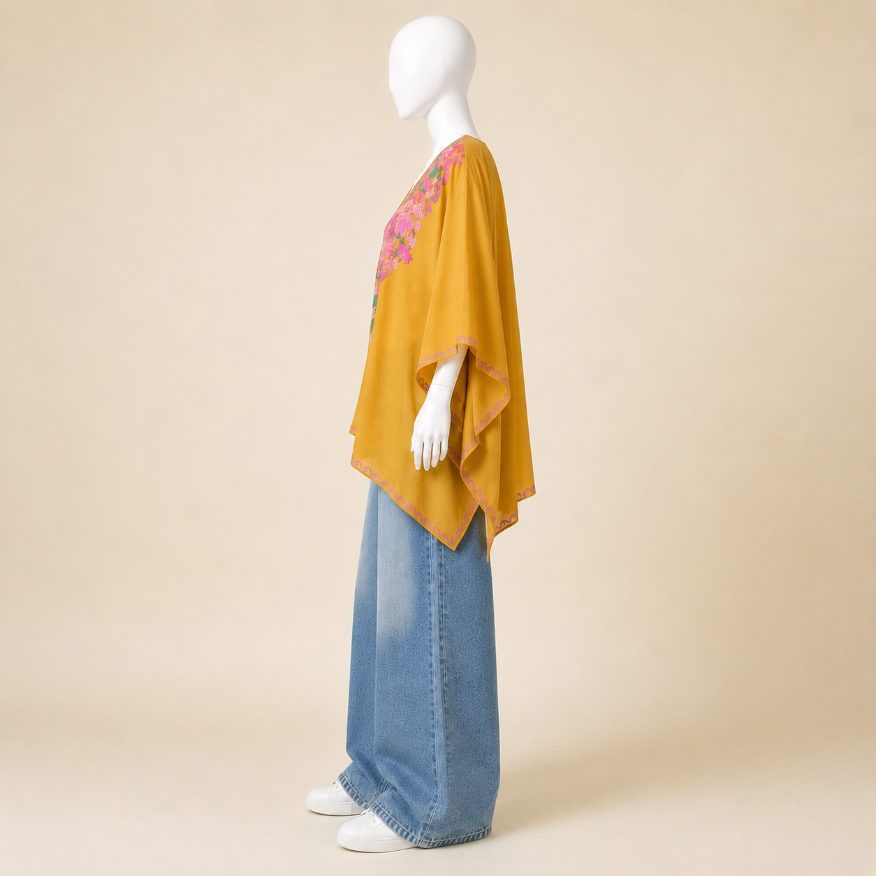 Mustard Gold short Kashmiri kaftan featuring intricate Aari-style machine work