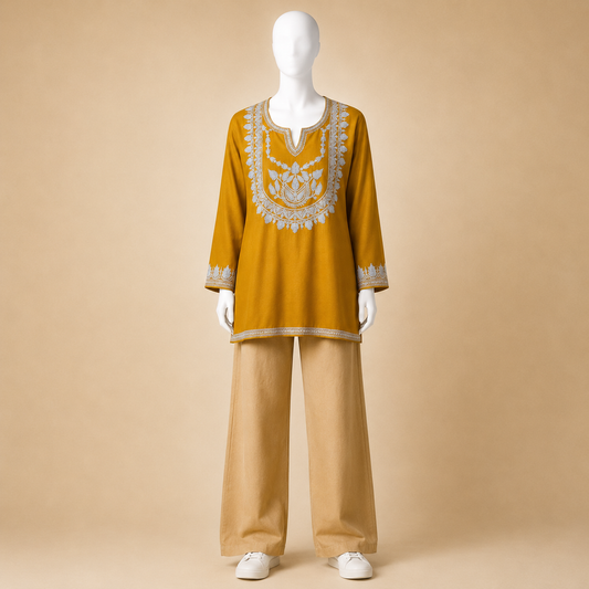 Mustard embroidered Kashmiri Tilla kurti for women