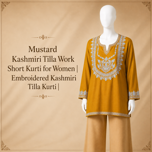 Mustard Kashmiri Tilla Work Short Kurti for Women | Machine Embroidered Kashmiri Tilla Kurti | Ethnic Wear